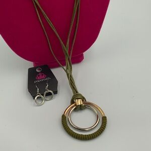 Paparazzi Adjustable Olive Green Elliptical Essence Necklace with Earrings